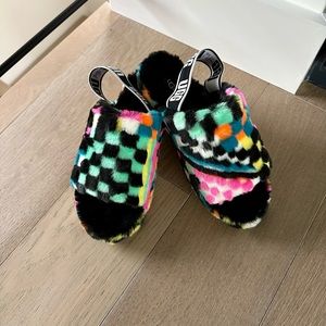 UGG Women's Fluff Yeah Slide Checks Slipper, Black Multi, 10